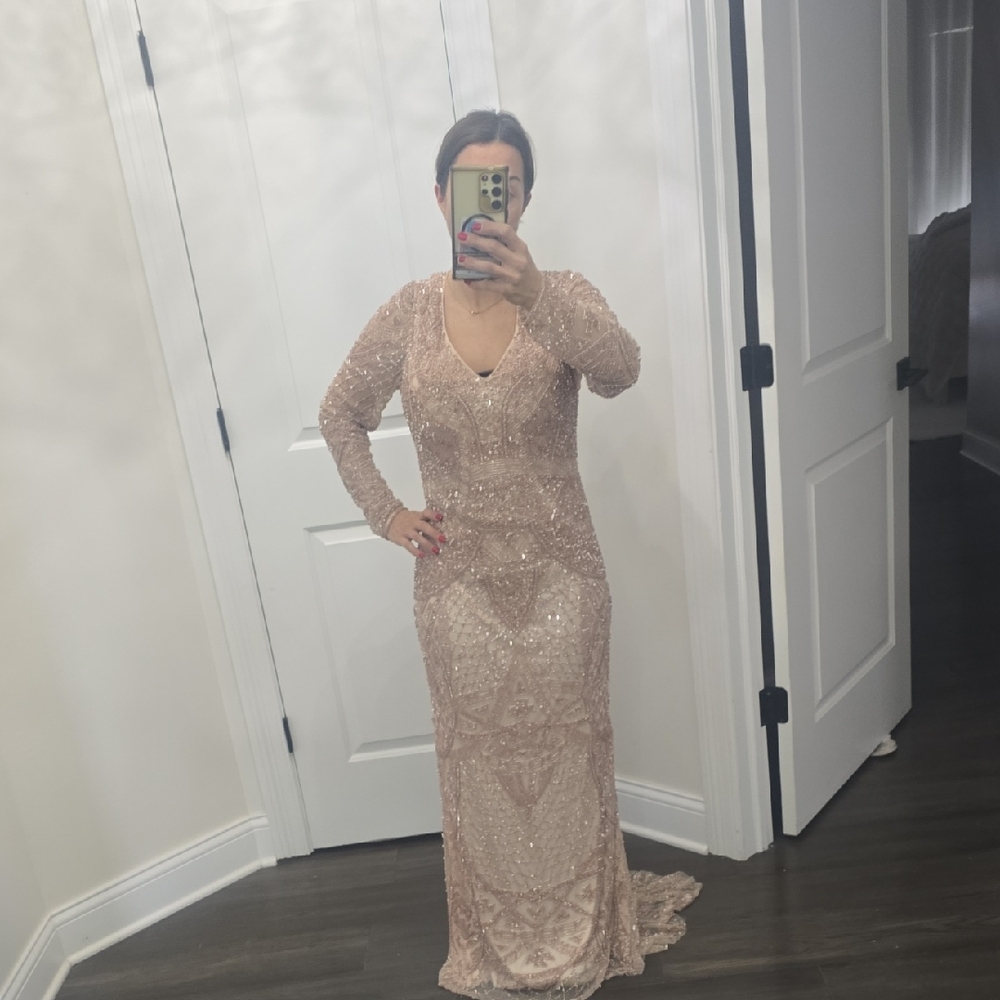 LARA Elegant Sequin Long Sleeve Dress in Cream